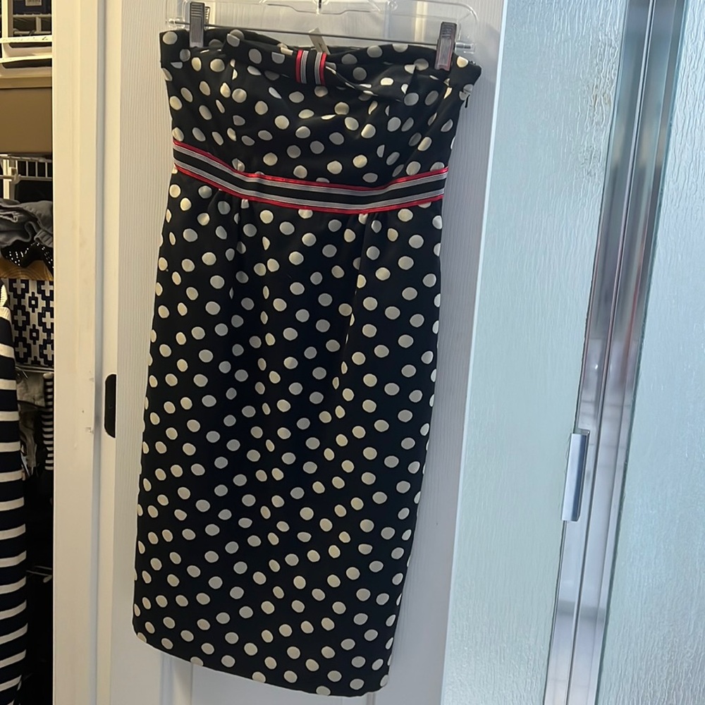 Anthropologie Maeve Strapless Navy & Cream Polka Dot Dress | Size 0 | EUC